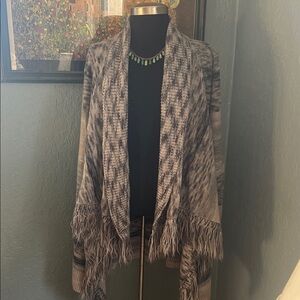 Fringed Gray Long Sleeve Open Front Sweater Duster Size M Acrylic/Nylon Blend